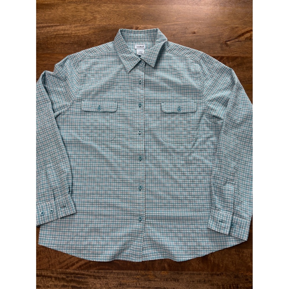 LL Bean Womens XL Blue Plaid Button Down Shirt Long Sleeve Polyester Blend 0YT72